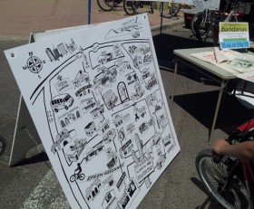 A custom illustrated map featuring many of South Tucson's businesses and sights. 